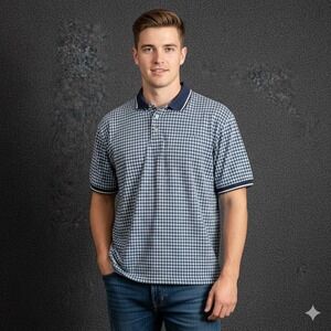 Vintage Polo Shirt Mens XL Navy Blue Plaid Golf Casual Classic Preppy Business